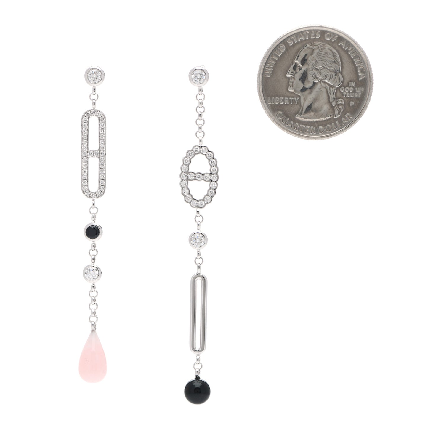 18K White Gold Diamond Black Jade Pink Opal Chaine Chaos Drop Earrings
