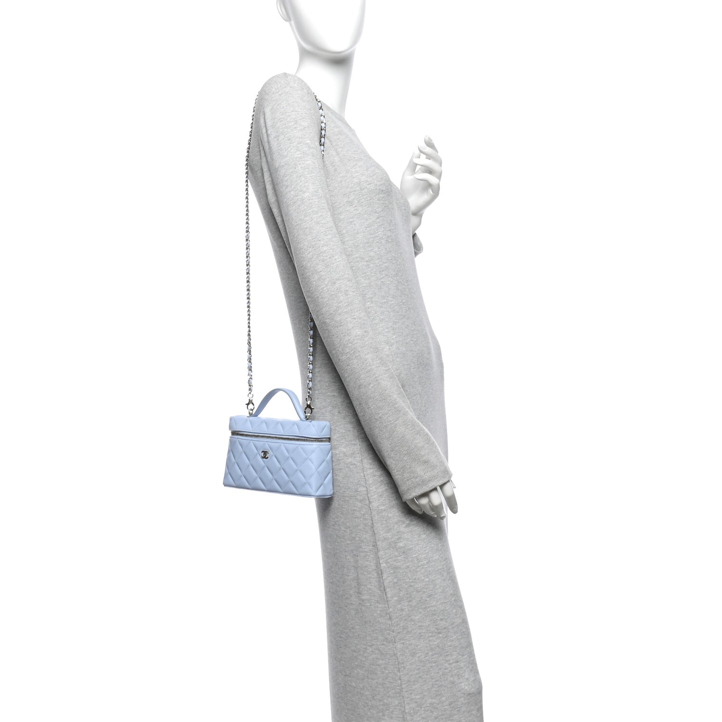 Caviar Quilted Top Handle Slim Vanity With Chain Light Blue