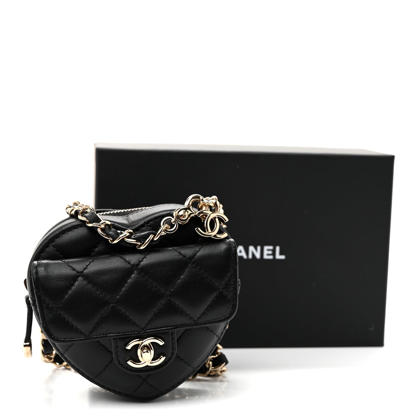 Lambskin Quilted CC In Love Heart Waist Belt Bag With Chain Black