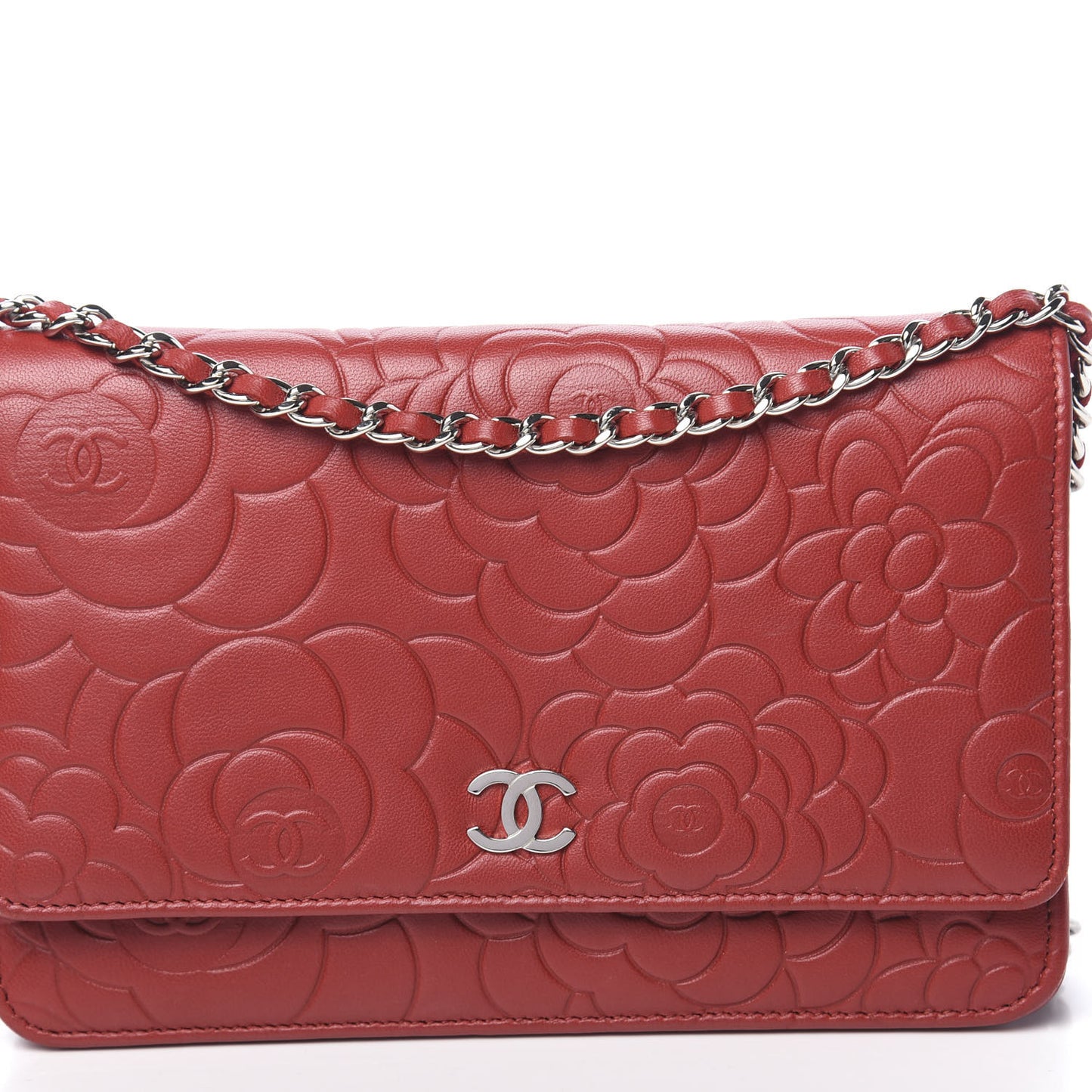Lambskin Camellia Embossed Wallet On Chain WOC Red