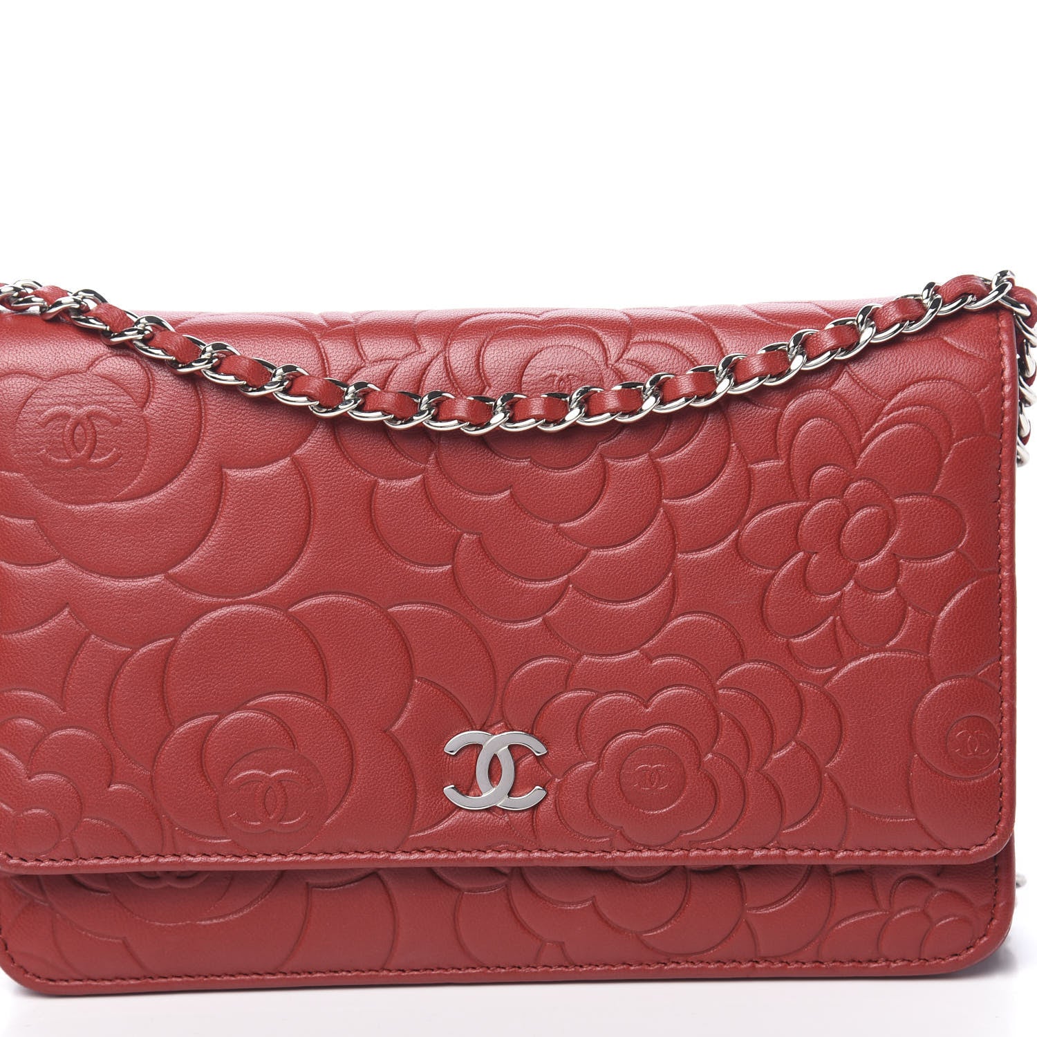 Chanel Lambskin Camellia Embossed Wallet On Chain WOC Red 11 of 11