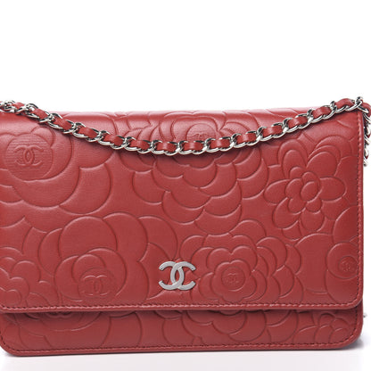 Chanel Lambskin Camellia Embossed Wallet On Chain WOC Red 11 of 11