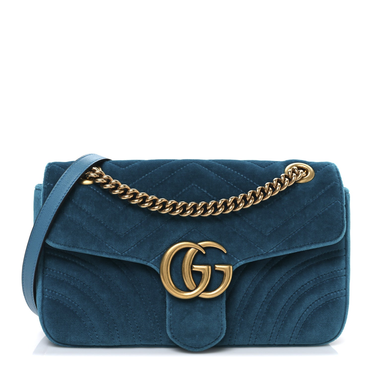 Gucci Velvet Matelasse Small GG Marmont Shoulder Bag Pavone Cyan 1 of 9