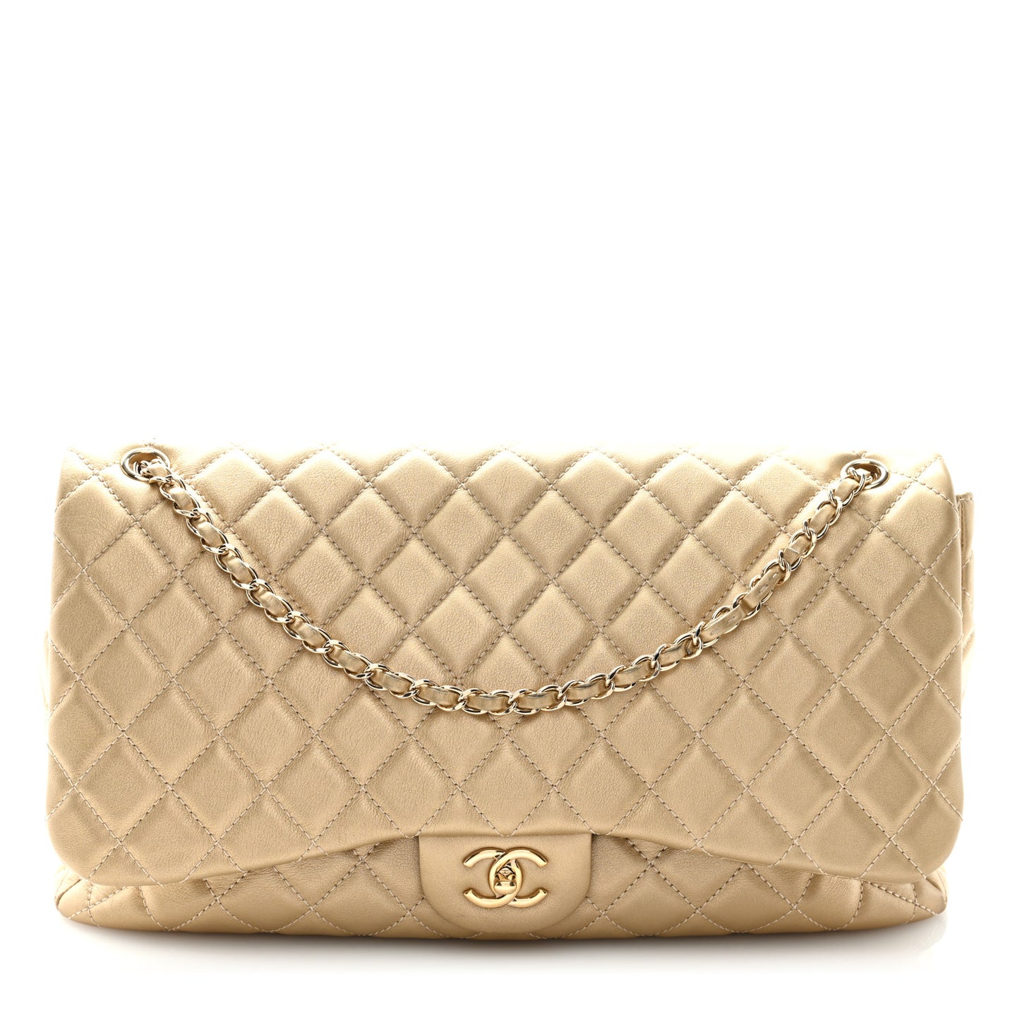 Metallic Calfskin Quilted Small XXL Travel Flap Bag Gold