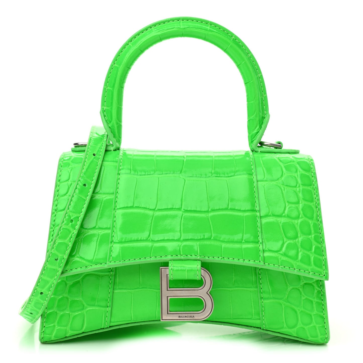 Shiny Calfskin Crocodile Embossed Hourglass Top Handle Bag XS Fluo Green