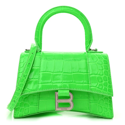 Balenciaga Shiny Calfskin Crocodile Embossed Hourglass Top Handle Bag XS Fluo Green 1 of 11