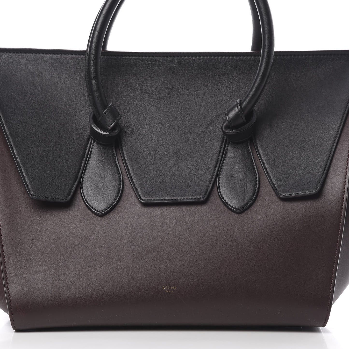 Smooth Calfskin Large Bi-Color Tie Knot Tote Black Burgundy