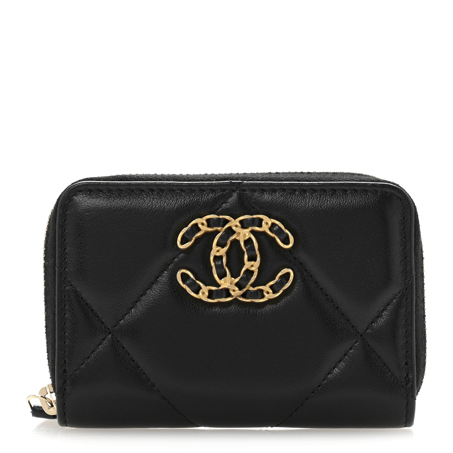 Lambskin Quilted Chanel 19 Zip Around Coin Purse Wallet Black
