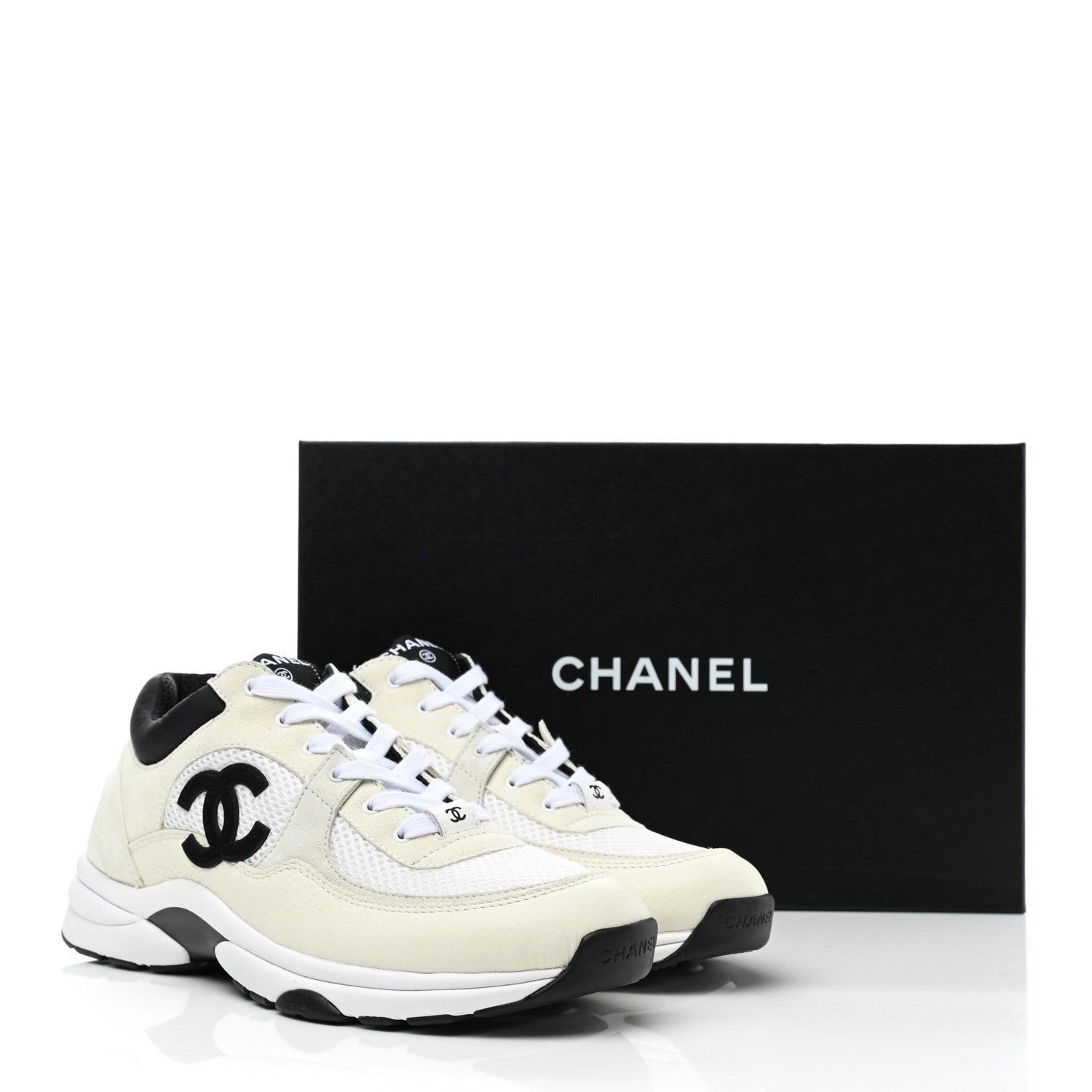 Chanel Mesh Suede Calfskin Grained Calfskin Womens CC Sneakers 40.5 White Black 8 of 8