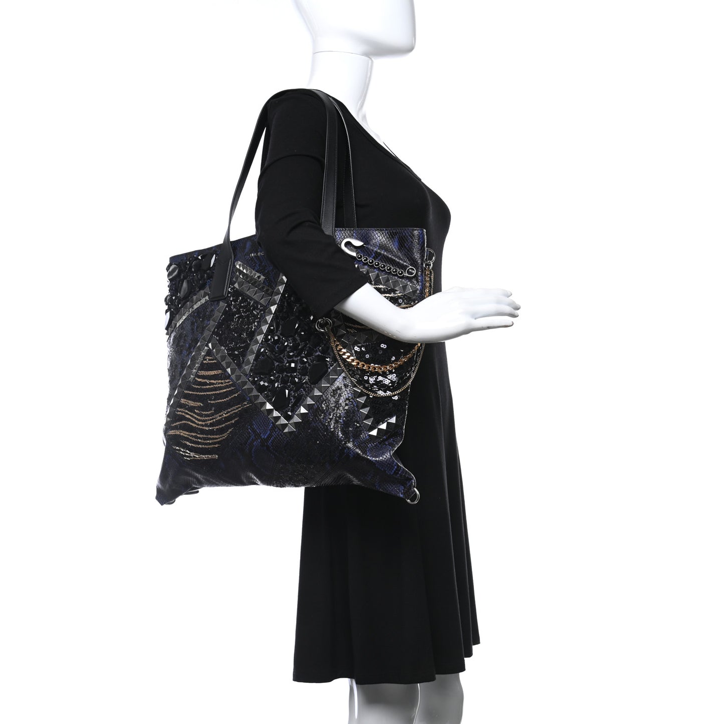 Calfskin Snakeskin Embossed Large Wingman Embellished Shopping Tote Blue Black