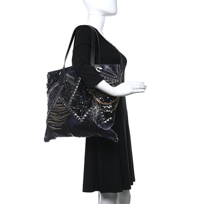 Marc Jacobs Calfskin Snakeskin Embossed Large Wingman Embellished Shopping Tote Blue Black 2 of 9