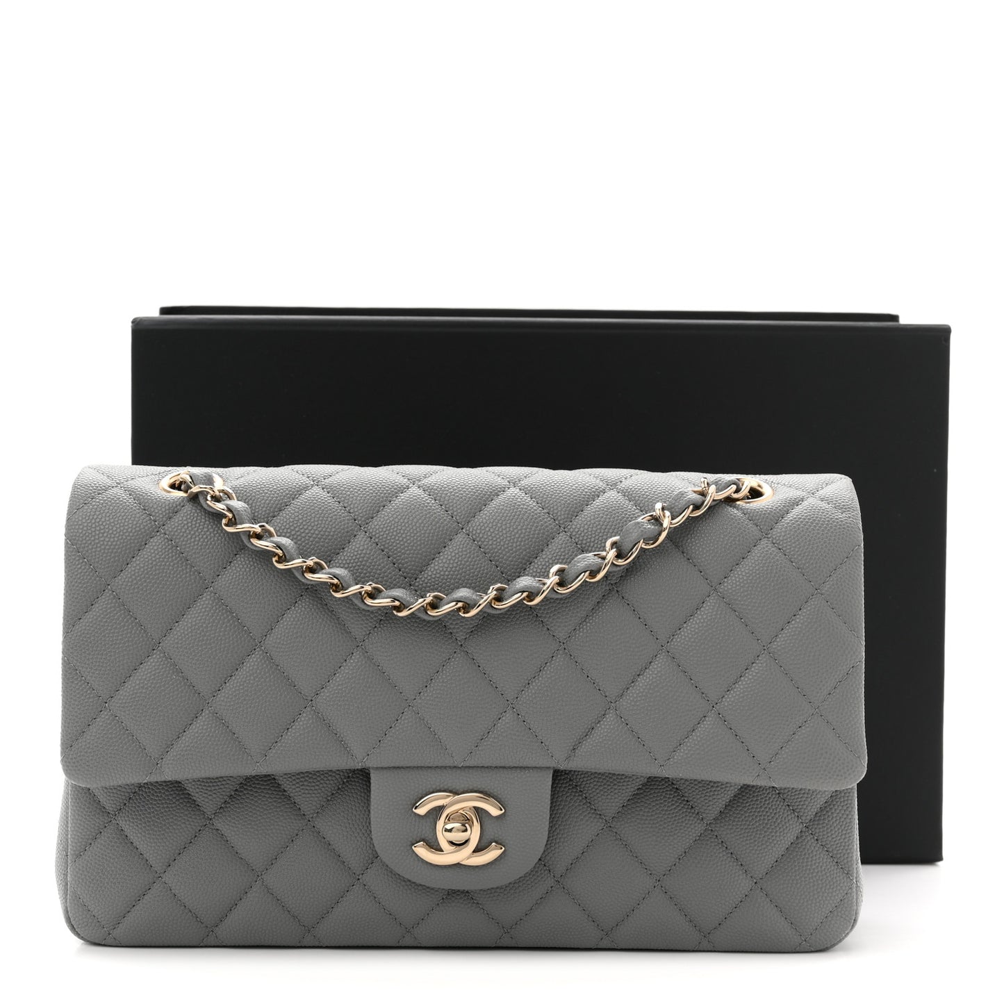 Caviar Quilted Medium Double Flap Grey