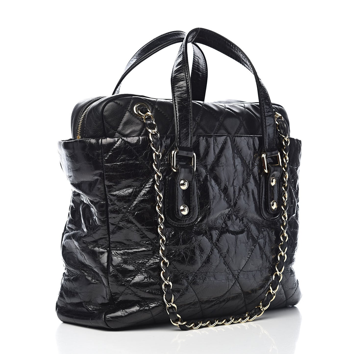 Glazed Calfskin Lambskin Quilted Portobello Tote Black