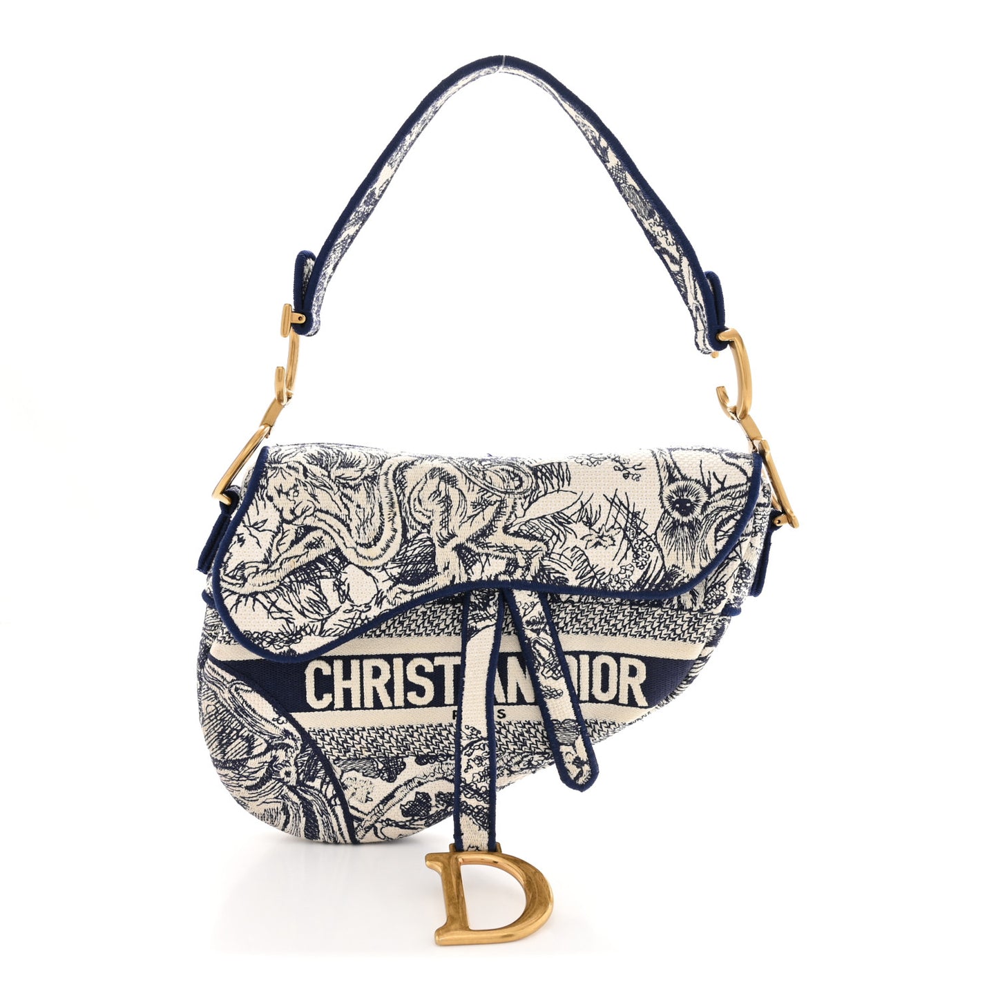 Canvas Embroidered Toile de Jouy Saddle Bag Blue