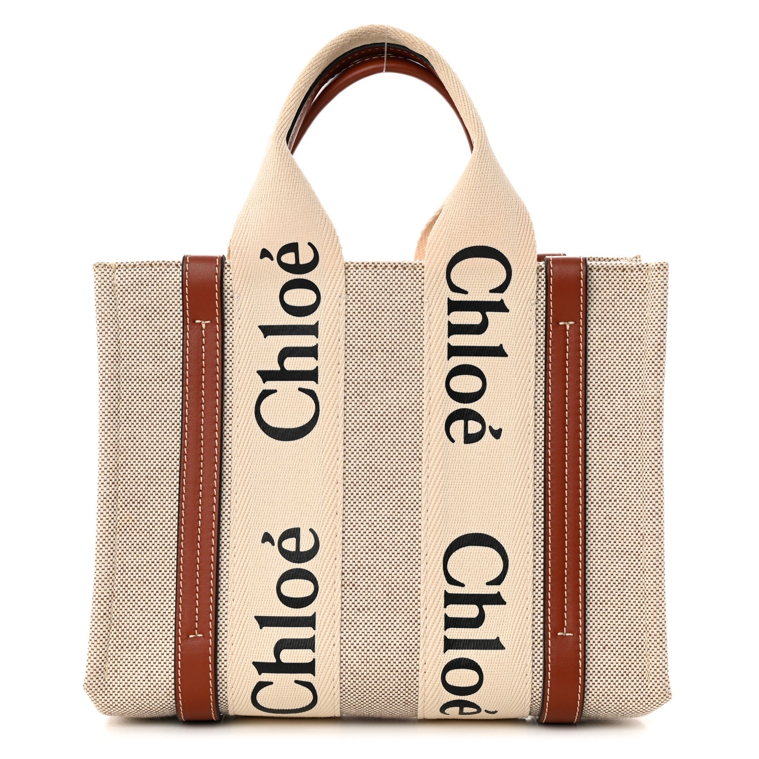 Chloe Cotton Calfskin Small Woody Ribbon Tote White Brown 1 of 15