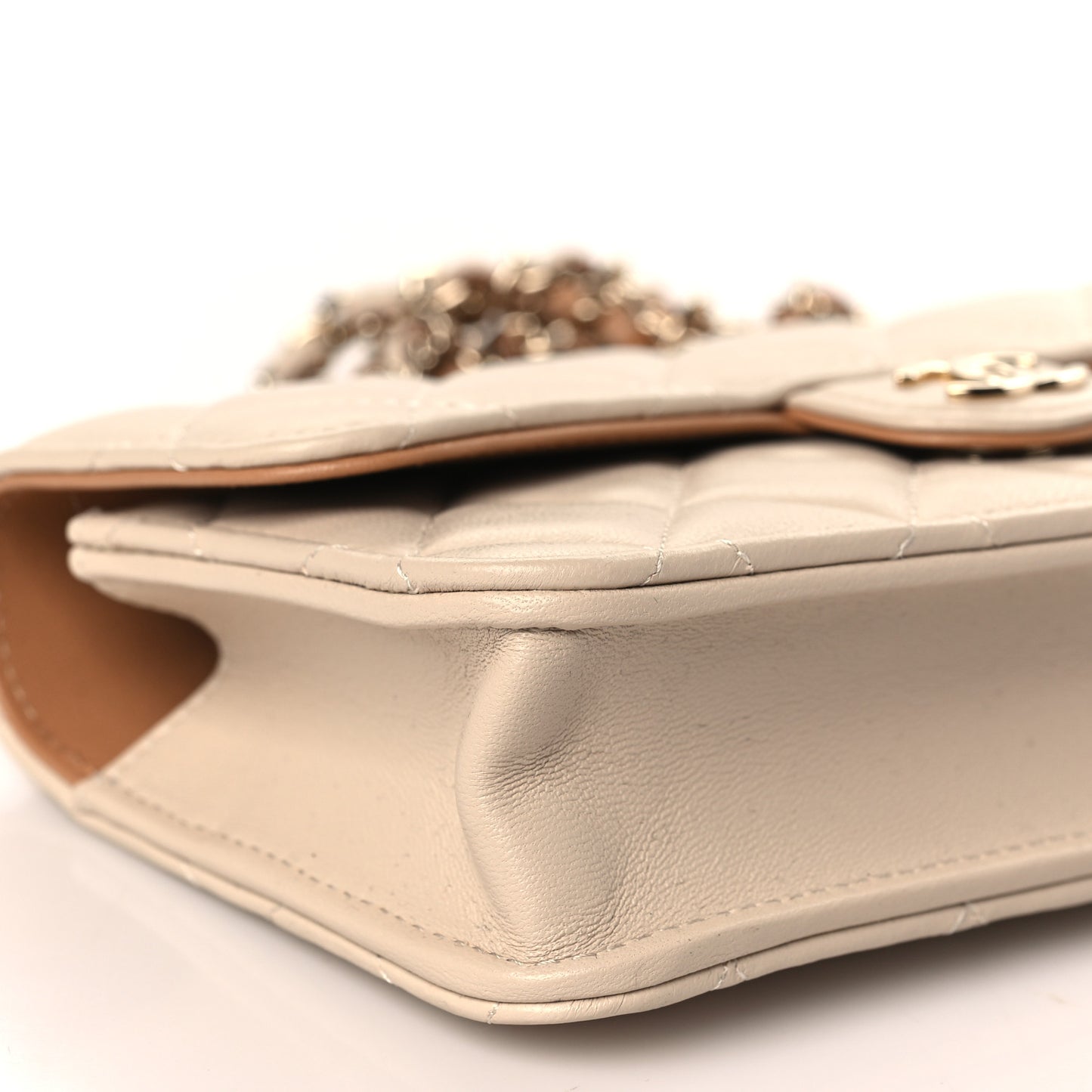 Lambskin Quilted Flap Phone Holder With Chain Beige Brown