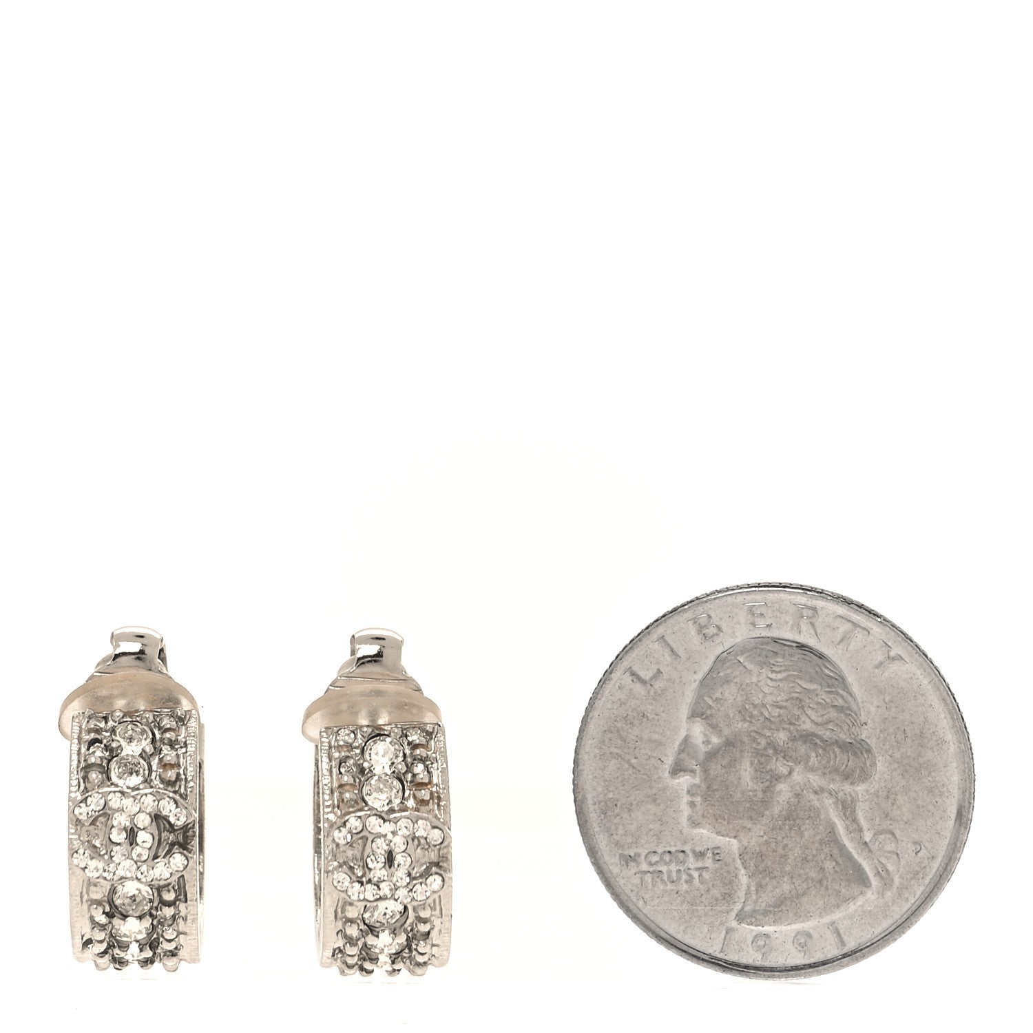 Chanel Crystal CC Hoop Clip On Earrings Silver 2 of 5