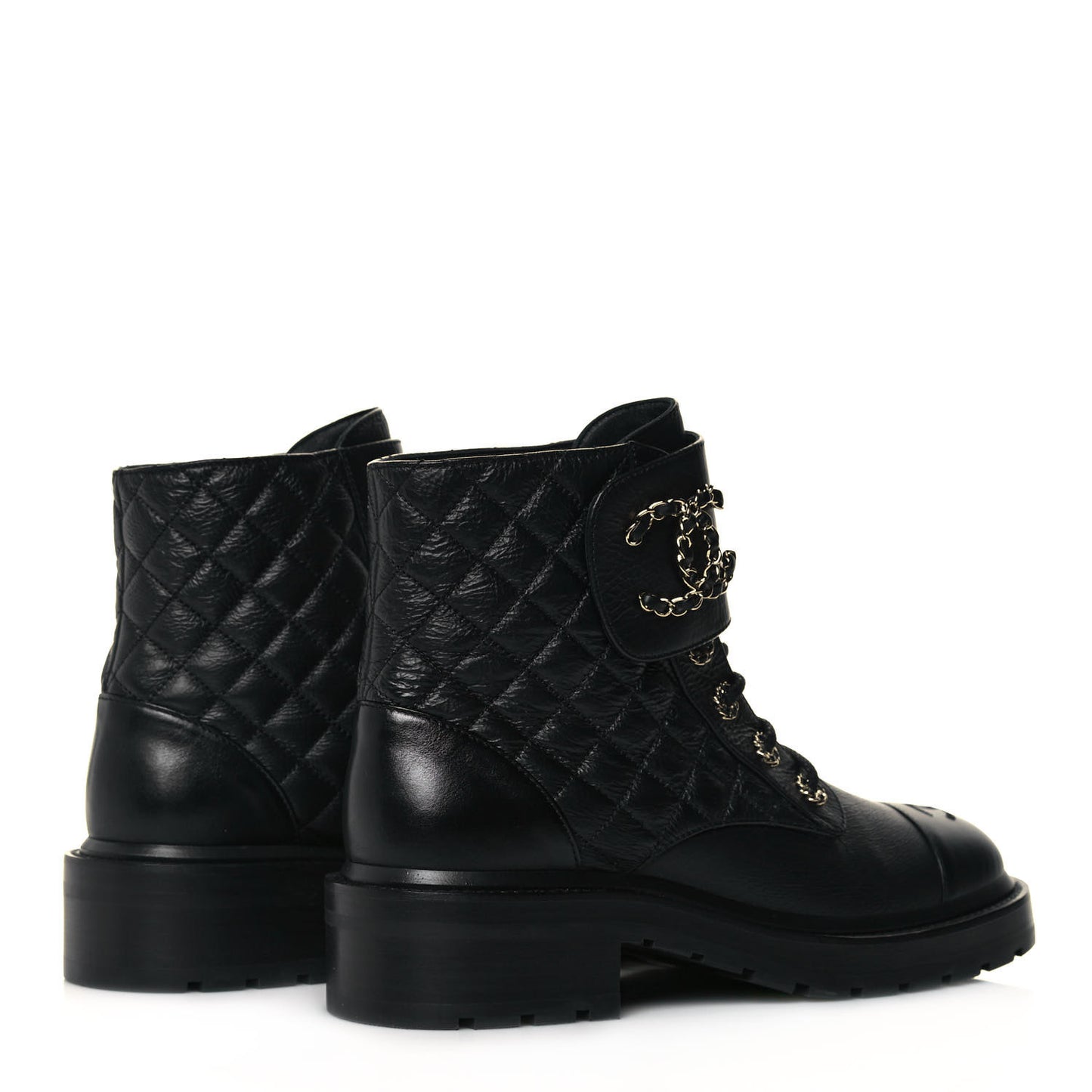 Shiny Goatskin Calfskin Quilted Lace Up Combat Boots 39.5 Black