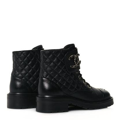 Chanel Shiny Goatskin Calfskin Quilted Lace Up Combat Boots 39.5 Black 4 of 10