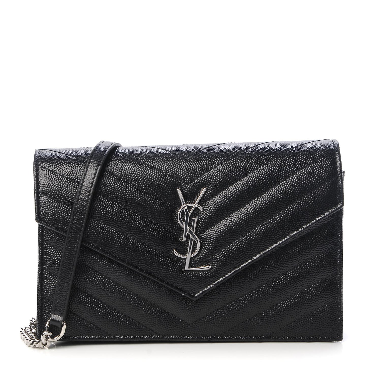 Grain De Poudre Matelasse Chevron Monogram Envelope Chain Wallet Black