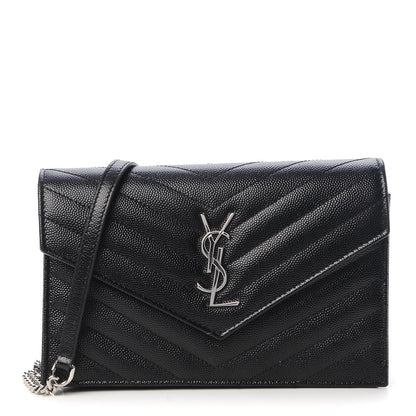 Saint Laurent Grain De Poudre Matelasse Chevron Monogram Envelope Chain Wallet Black 1 of 6