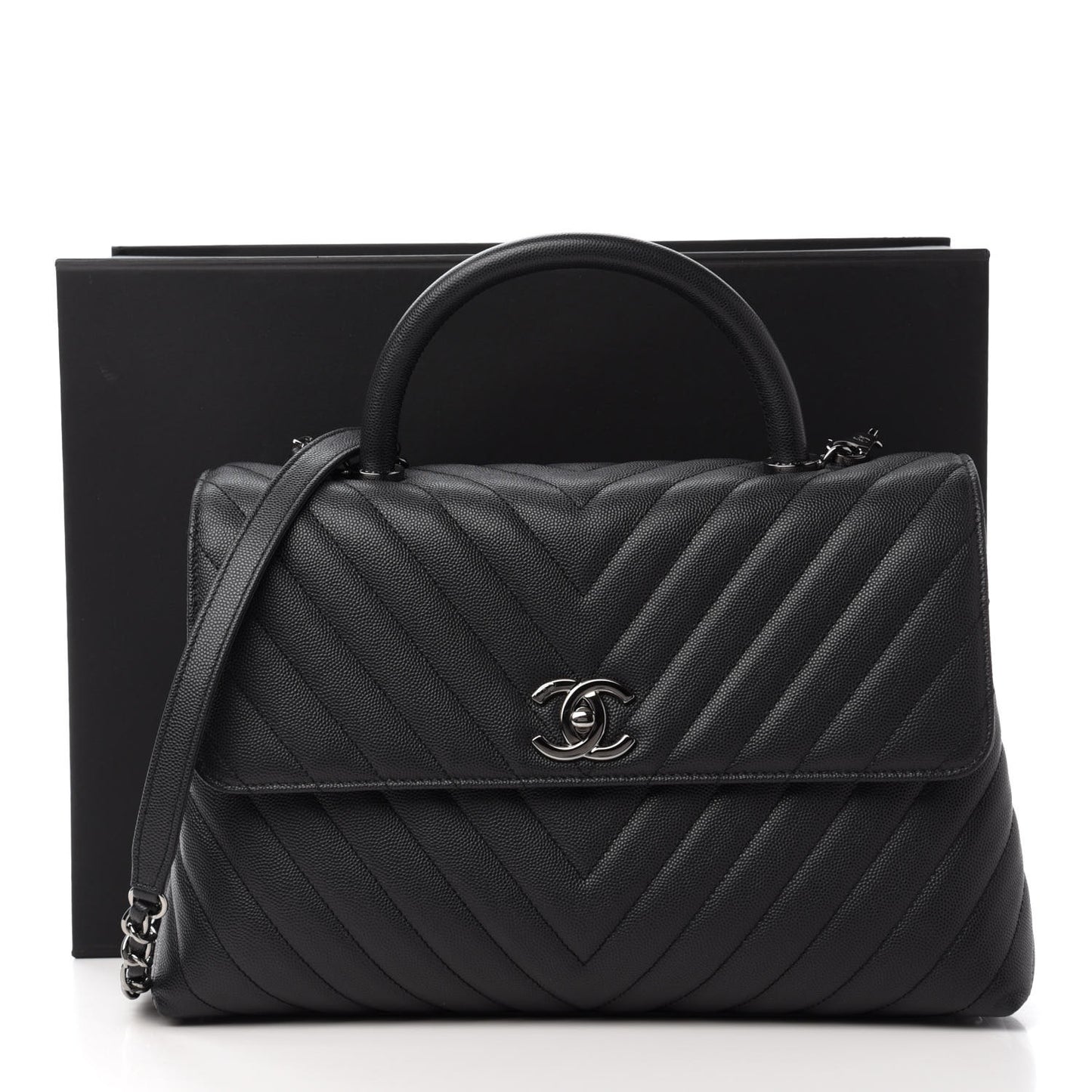 Caviar Chevron Quilted Medium Coco Handle Flap Dark Grey
