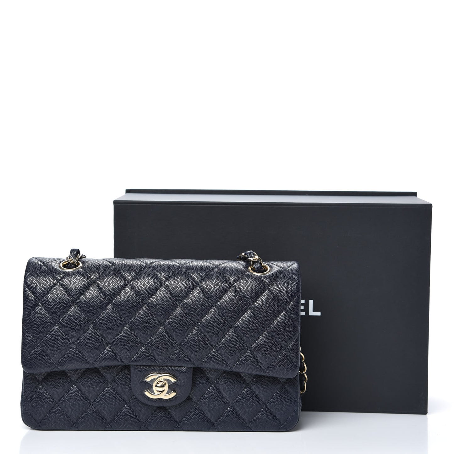 Caviar Quilted Medium Double Flap Navy