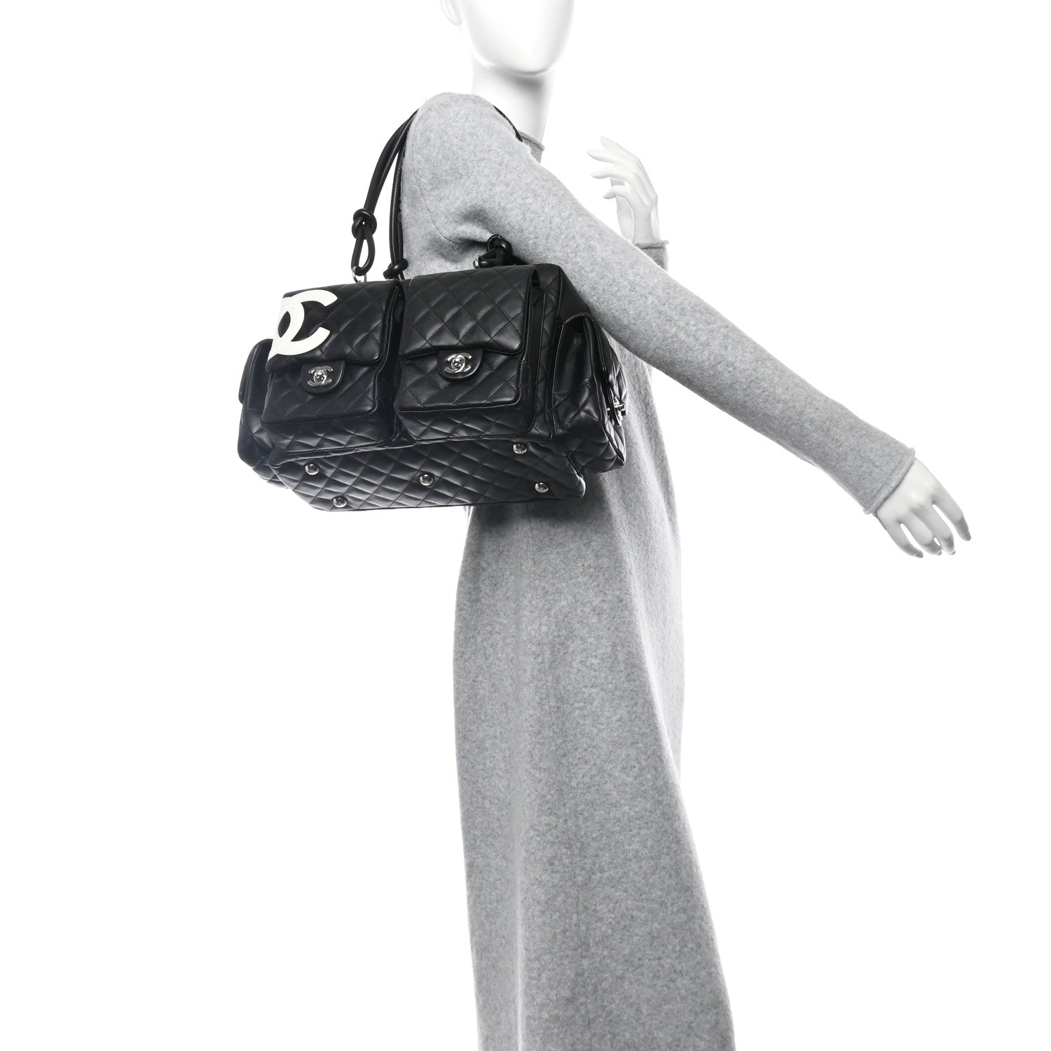 Chanel Calfskin Quilted Large Cambon Multipocket Reporter Black White 2 of 11