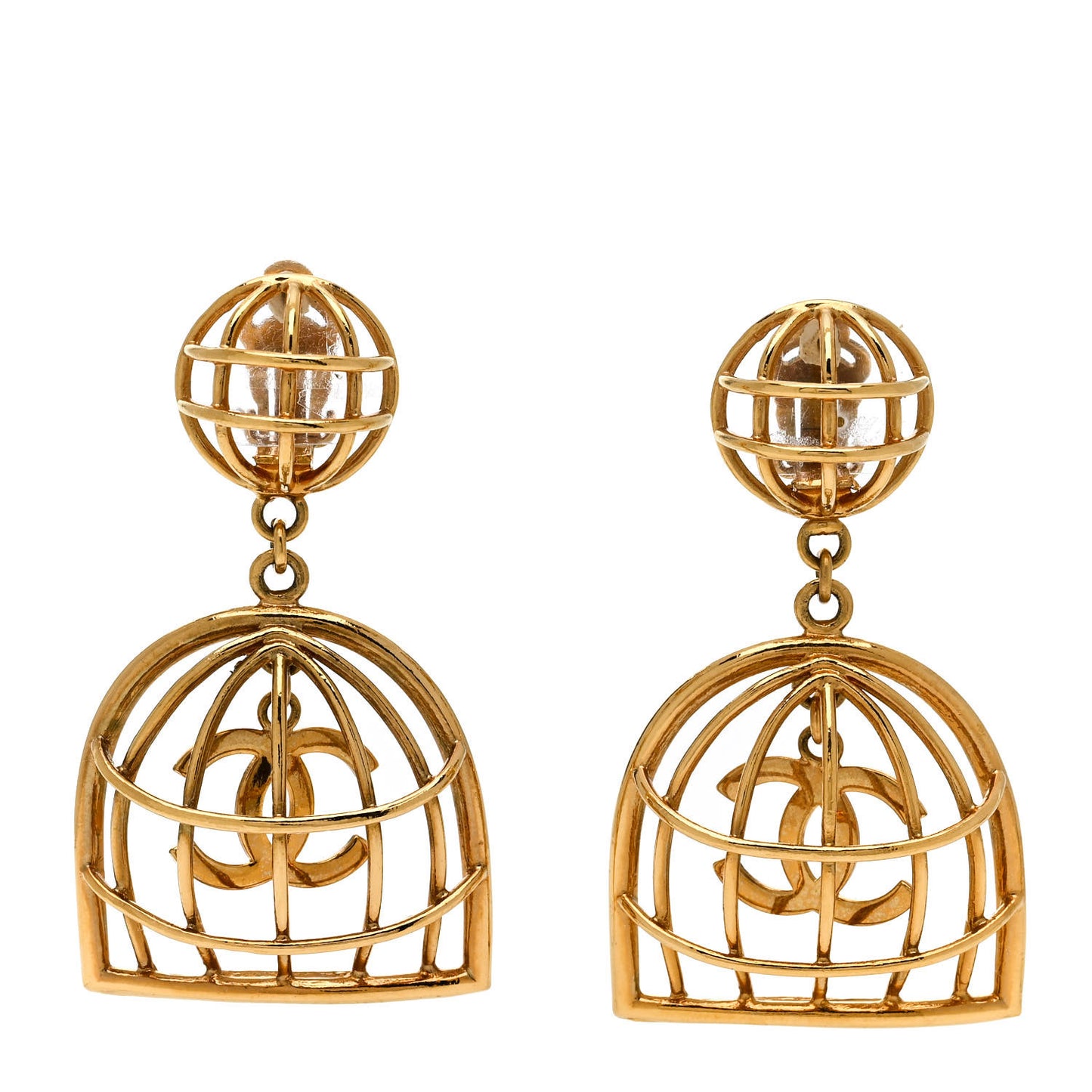 CC Bird Cage Drop Clip On Earrings Gold