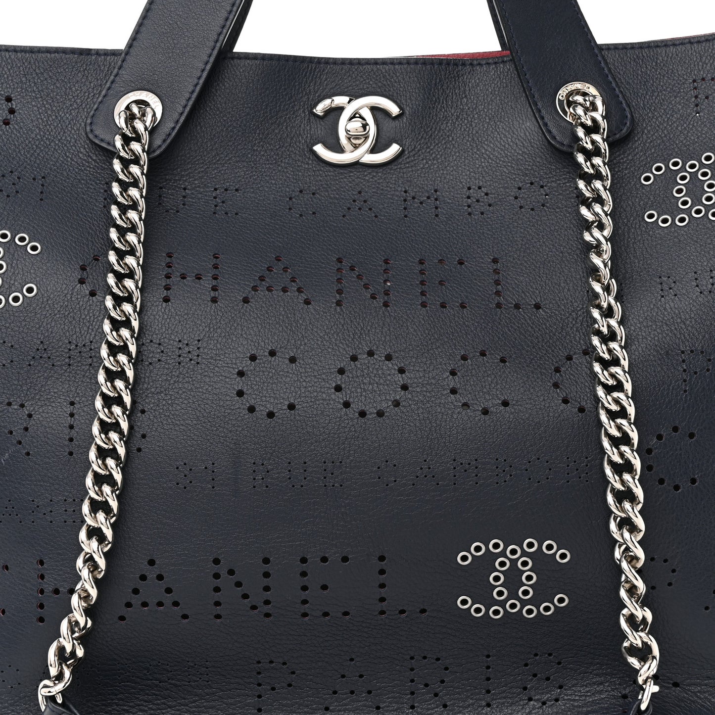 Calfskin Tweed Small Logo Eyelets Shopping Tote Navy Blue