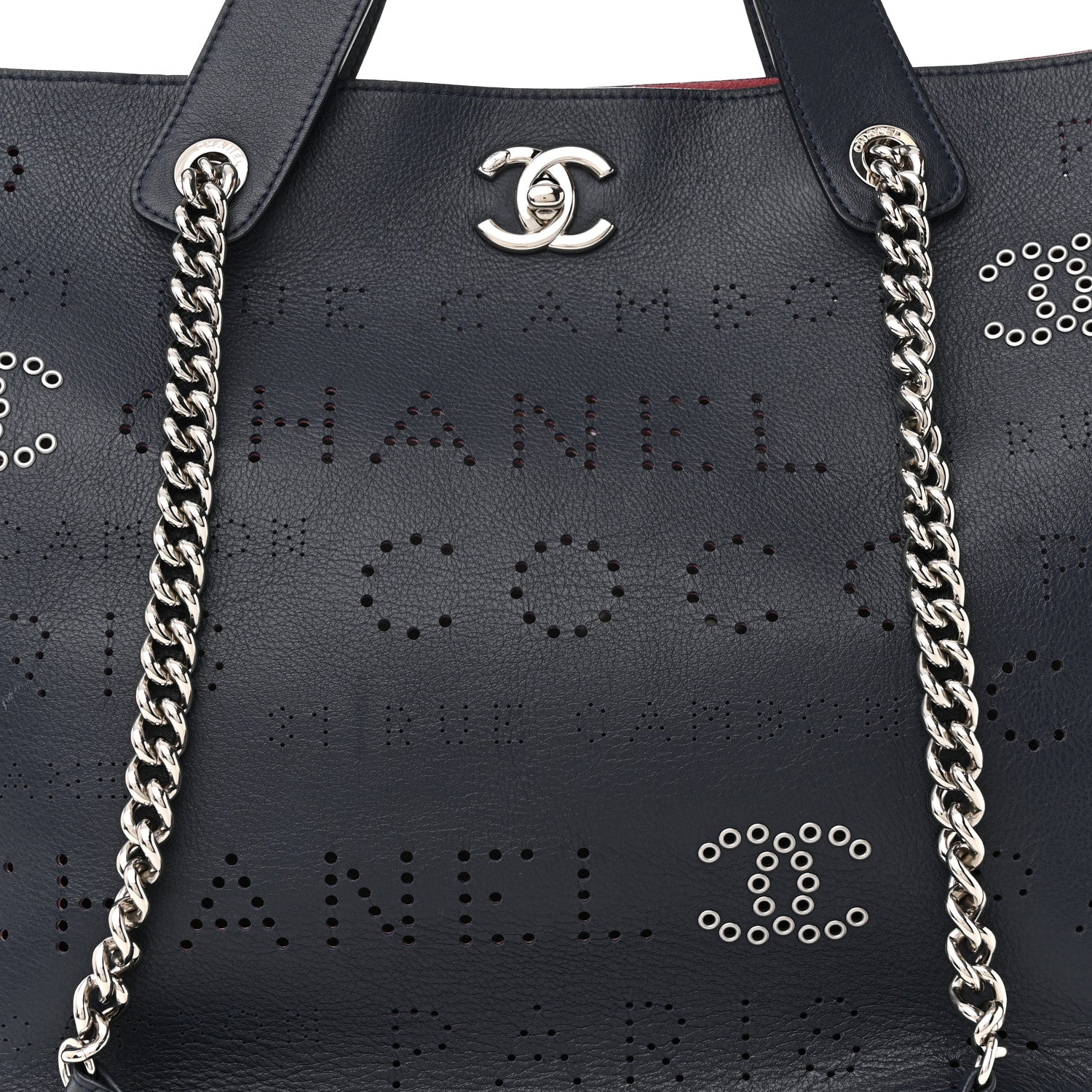 Chanel Calfskin Tweed Small Logo Eyelets Shopping Tote Navy Blue 5 of 8