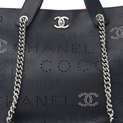 Chanel Calfskin Tweed Small Logo Eyelets Shopping Tote Navy Blue 5 of 8