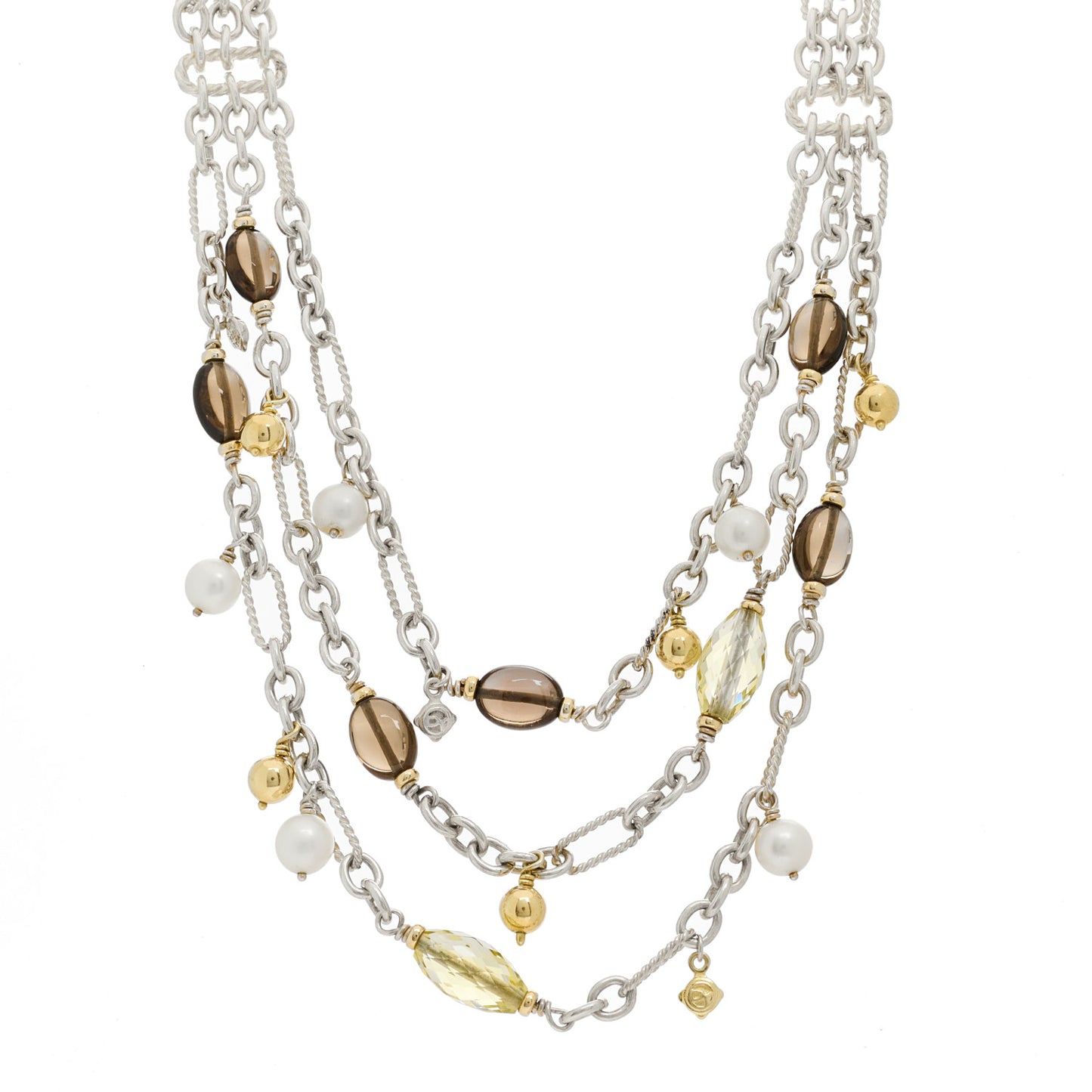 Sterling Silver 18K Yellow Gold Cultured Pearl Citrine Smoky Quartz Multi Strand Necklace