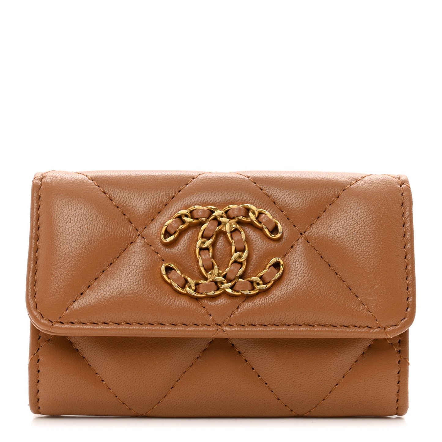 Lambskin Quilted Chanel 19 Flap Card Holder Brown