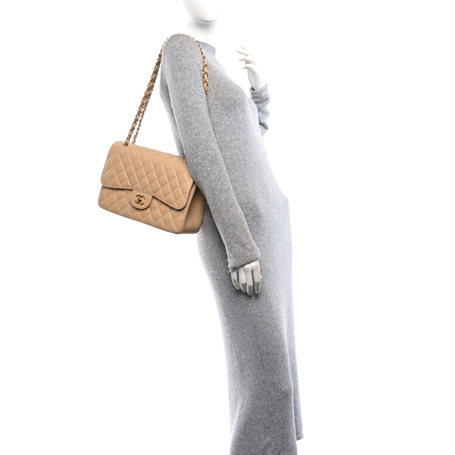 Caviar Quilted Jumbo Double Flap Light Beige