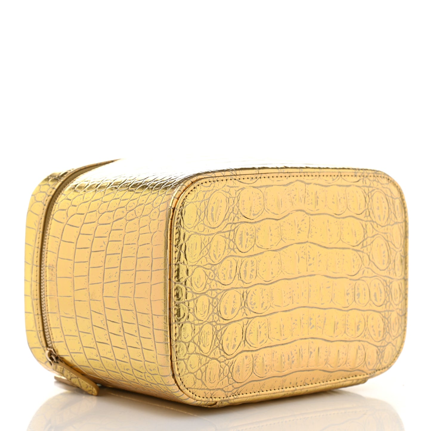 Metallic Calfskin Crocodile Embossed Cocodile Top Handle Vanity Gold