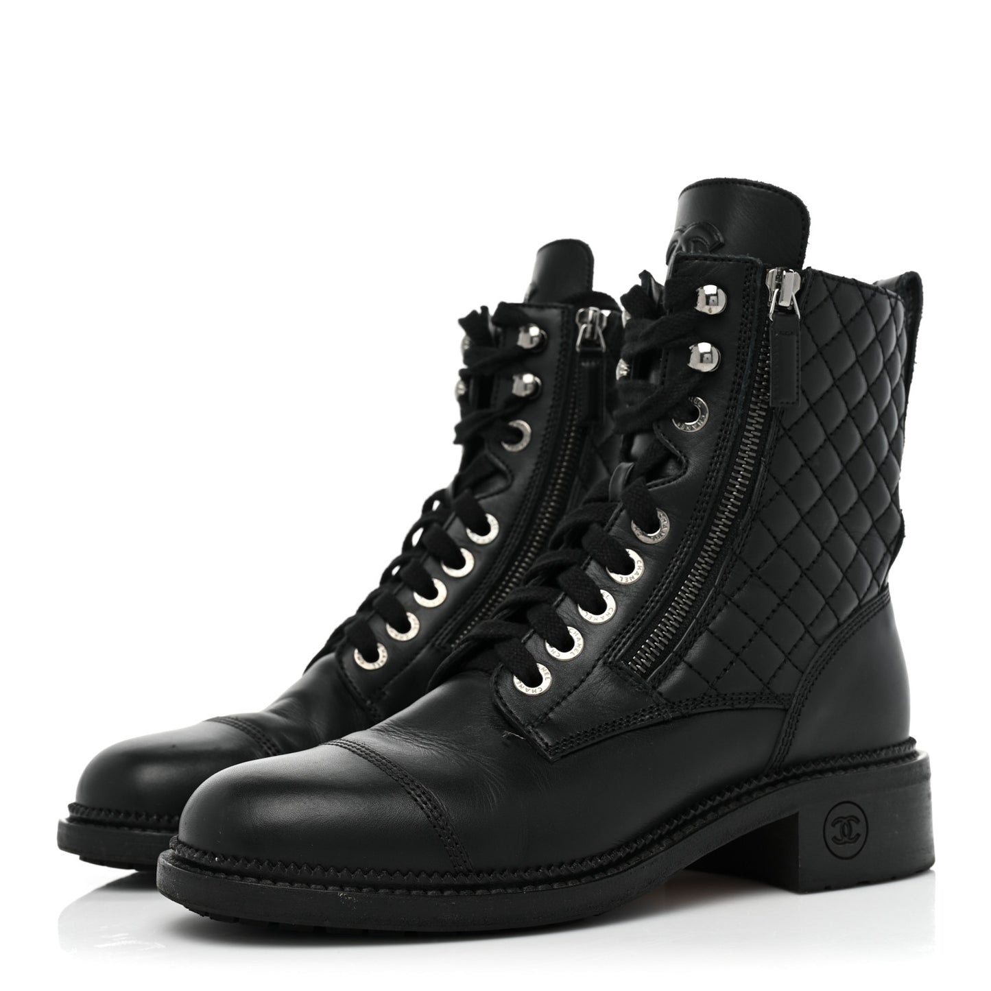 Calfskin Quilted Lace Up Combat Boots 38 Black