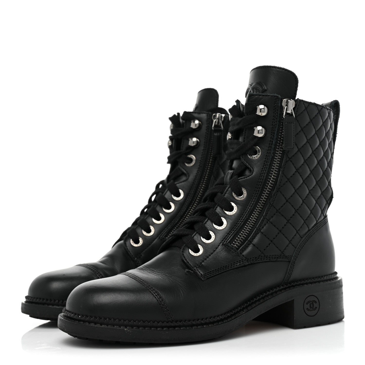 Chanel Calfskin Quilted Lace Up Combat Boots 38 Black 3 of 11