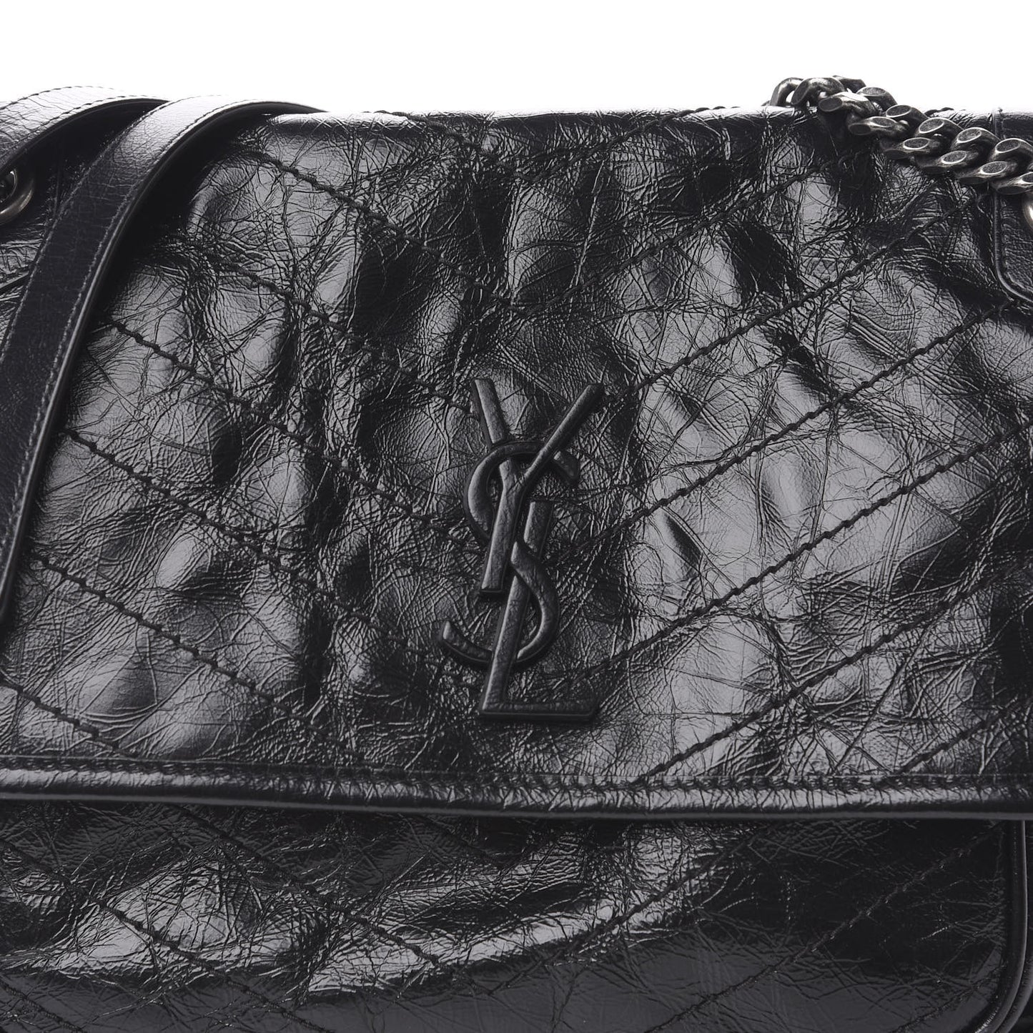 Crinkled Calfskin Matelasse Monogram Medium Niki Chain Satchel Black