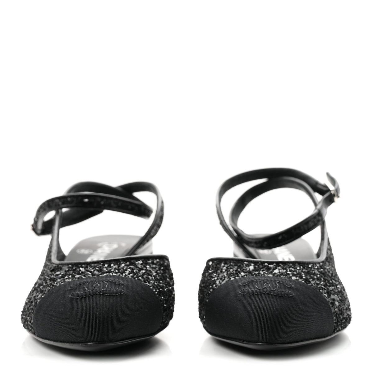 Glitter Grosgrain Cap Toe CC Ankle Wrap Pumps 37 Black