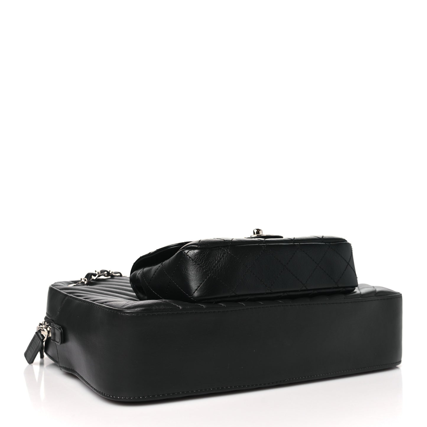 Calfskin Chevron Quilted Double Camera Bag With Flap Black Black