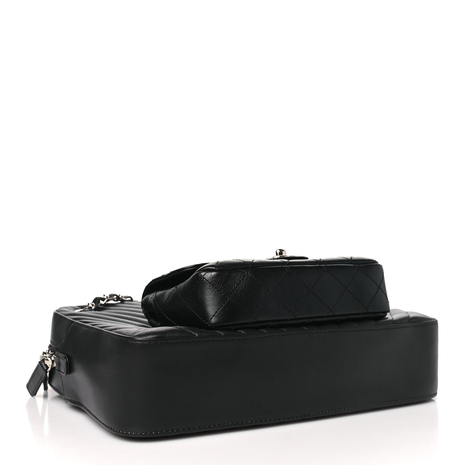 Chanel Calfskin Chevron Quilted Double Camera Bag With Flap Black Black 4 of 10