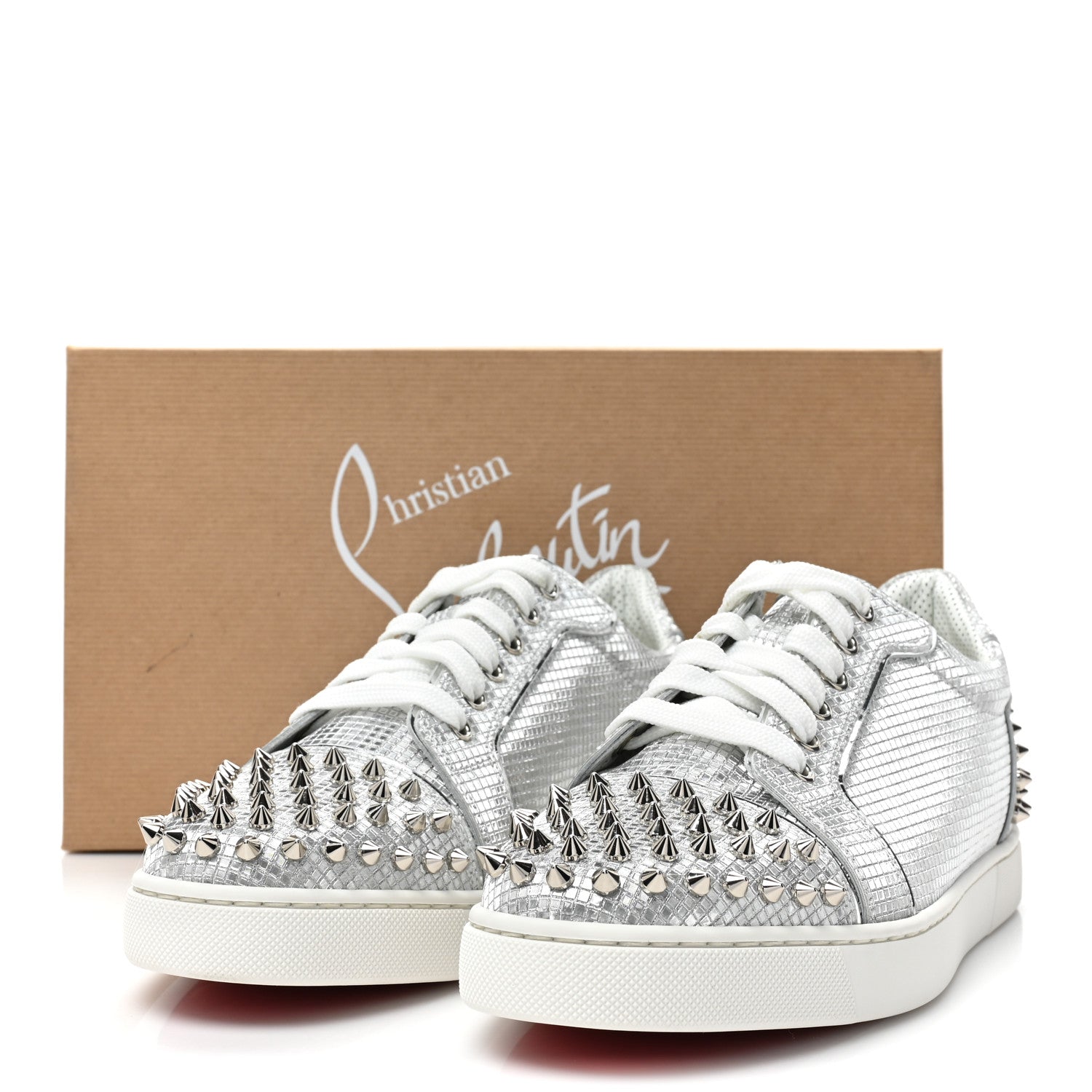Christian Louboutin Glitter Metallic Calfskin Spikes Vieira 2 Flat Sneakers 40 Silver 13 of 13