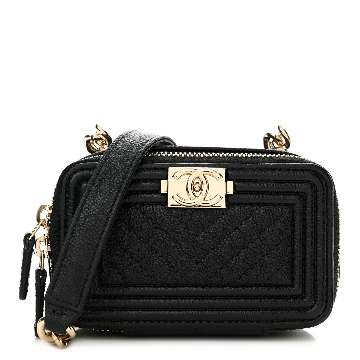 Caviar Chevron Quilted Mini Boy Clutch With Chain Black