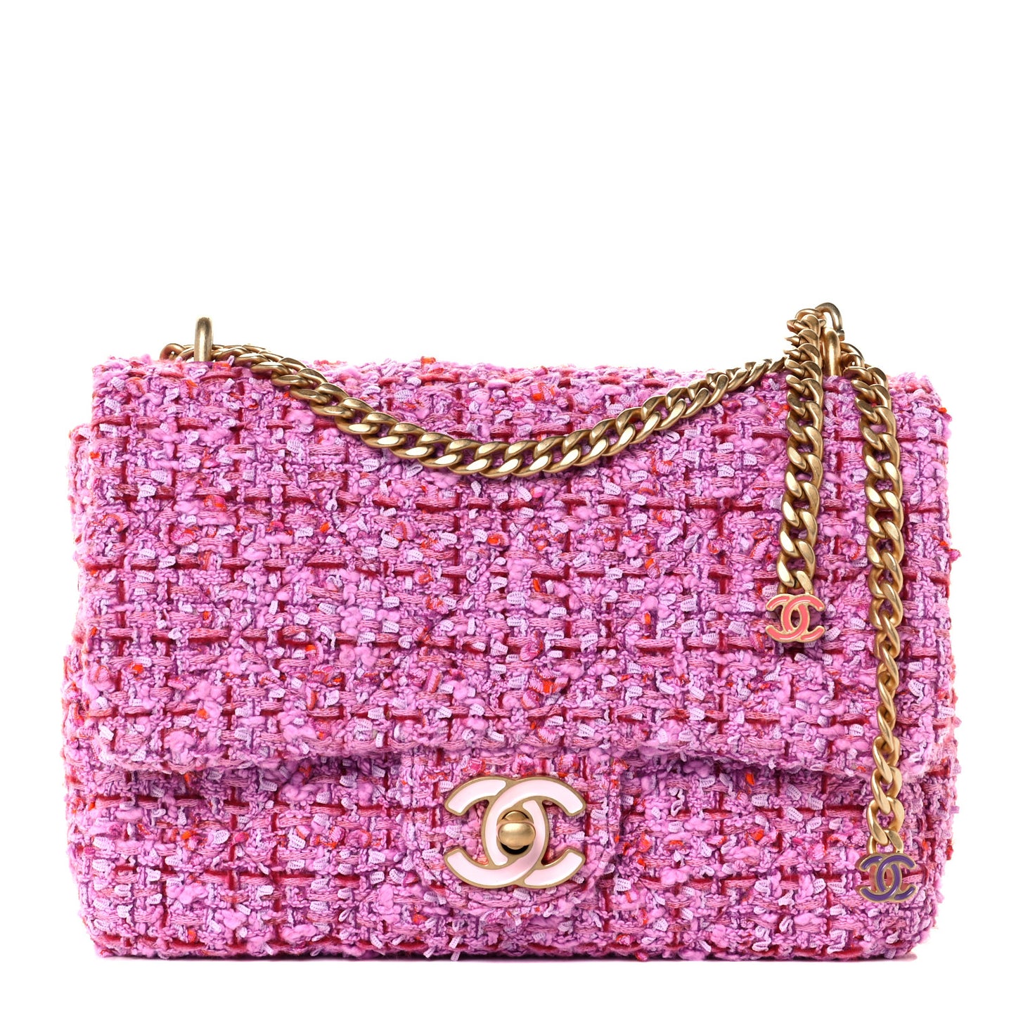 Tweed Enamel Quilted Mini Pending CC Square Flap Light Purple Pink Red