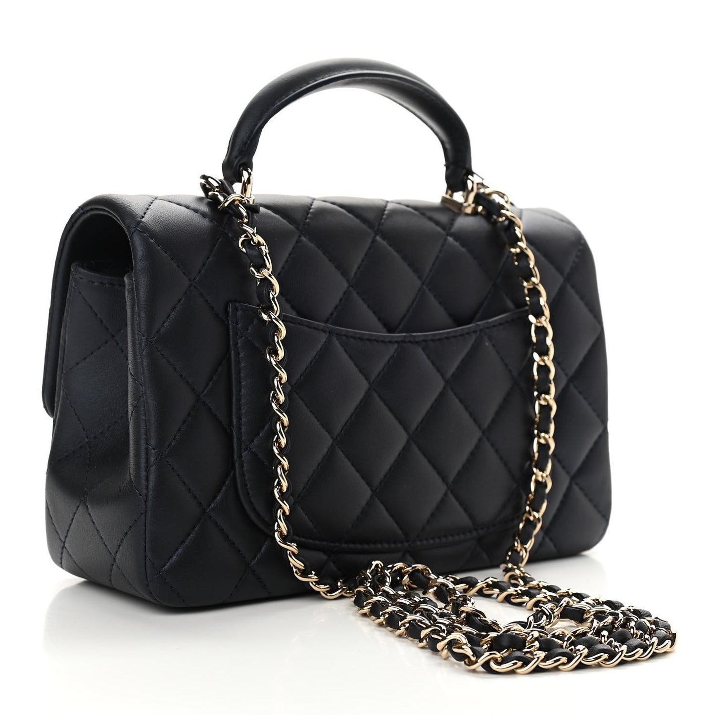 Lambskin Quilted Mini Top Handle Rectangular Flap Navy Blue