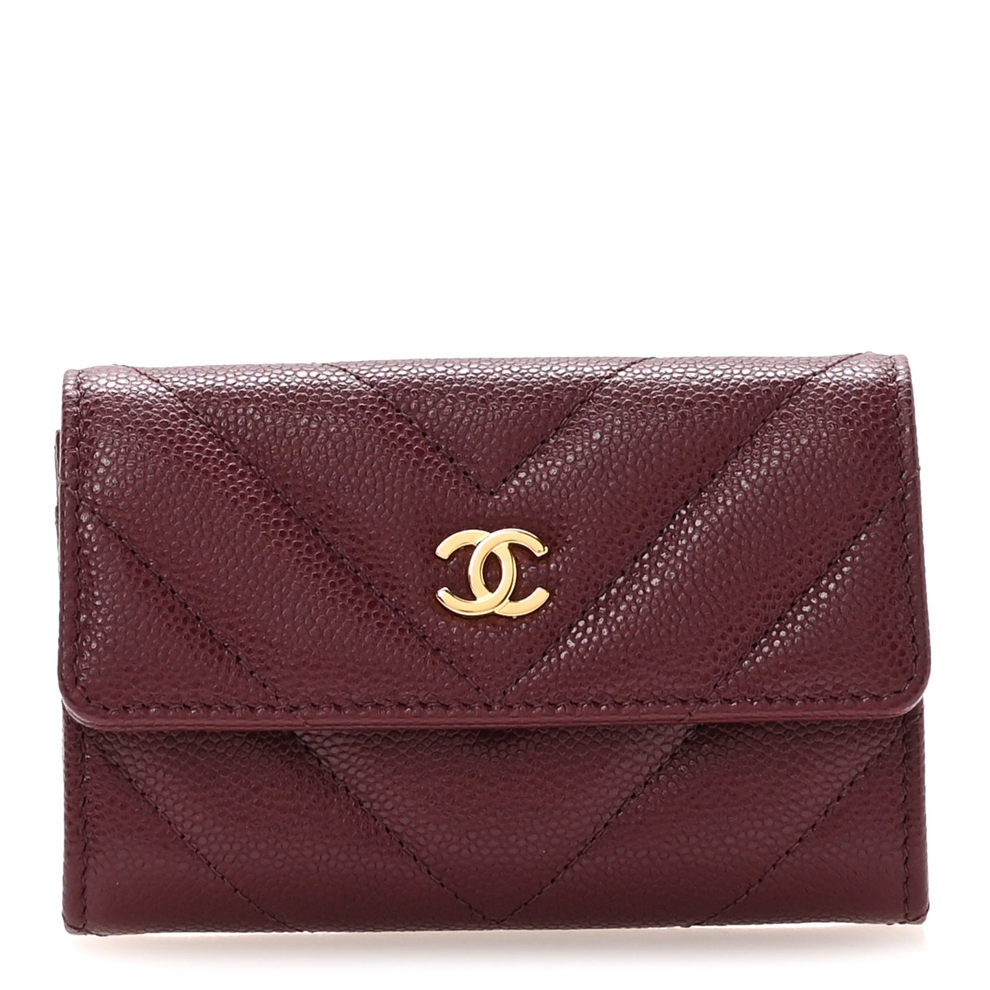 Caviar Flat Chevron Quilted Flap Card Holder Burgundy