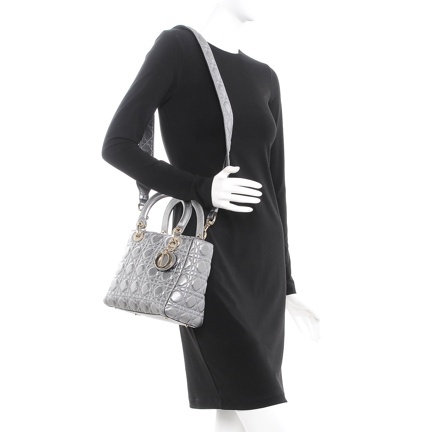 Christian Dior Metallic Grained Calfskin Cannage Medium Supple Lady Dior Silver 2 of 8
