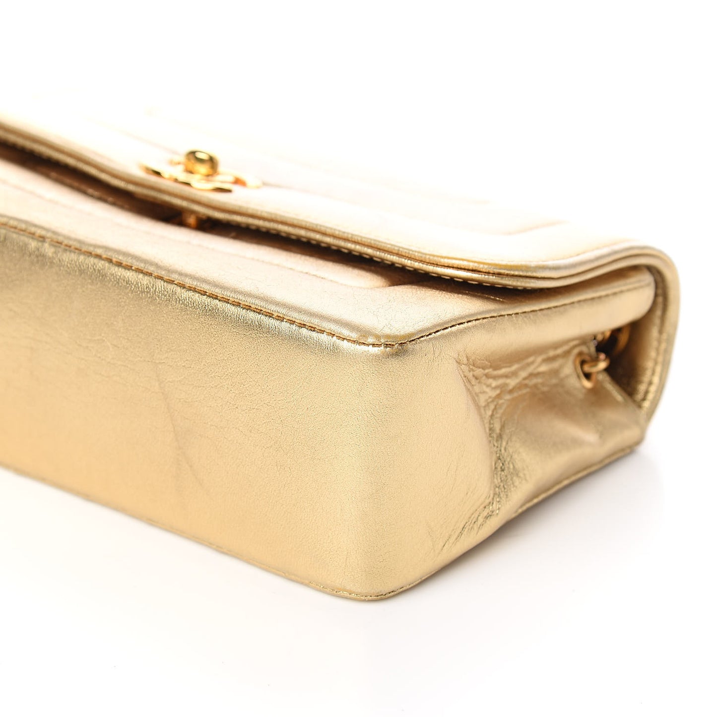 Metallic Lambskin Horizontal Vertical Quilted Small Single Flap Gold