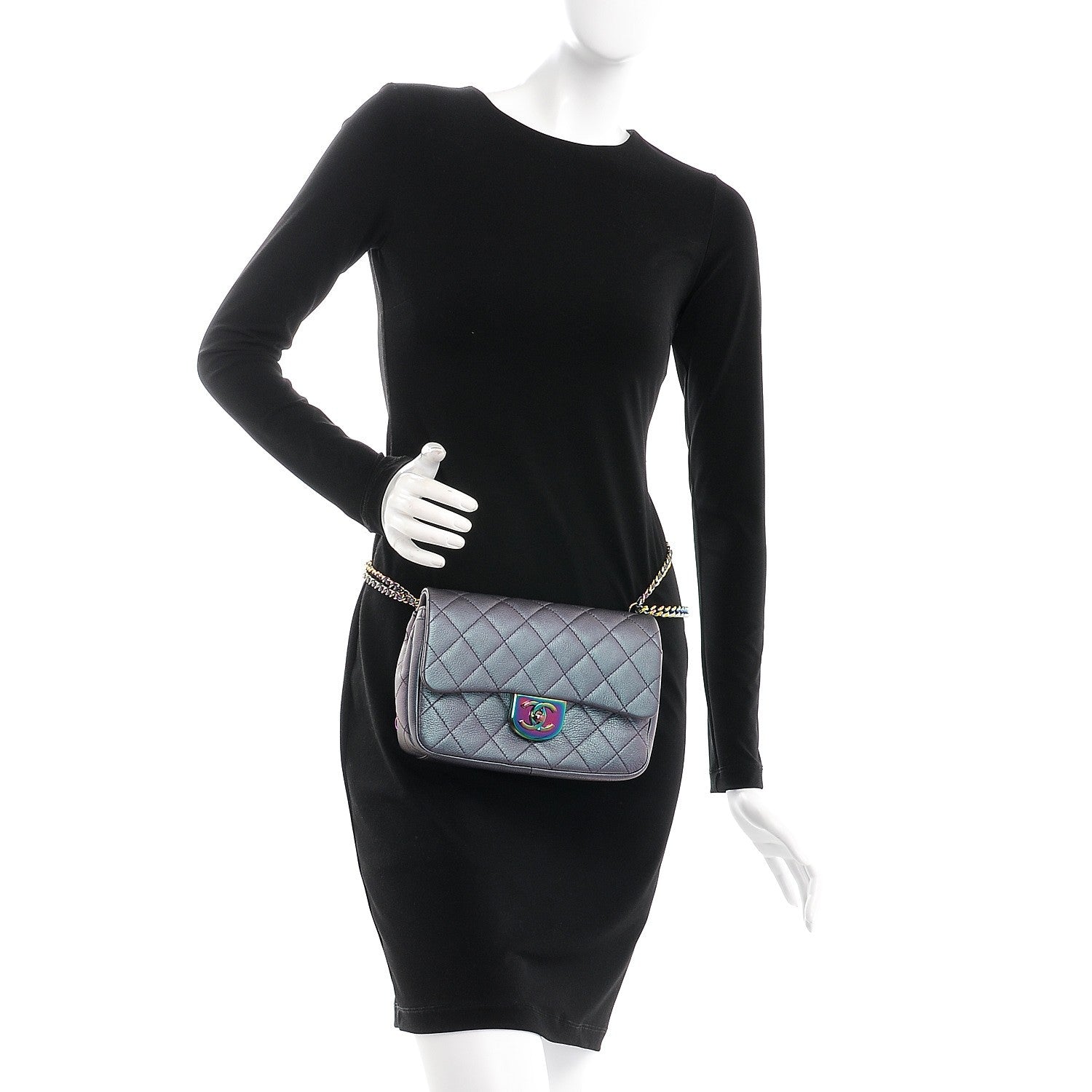 Chanel Iridescent Goatskin Quilted Small Double Carry Waist Chain Flap Purple 4 of 9